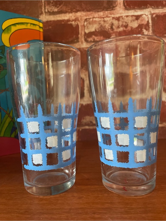 Other - Vintage Blue & White Glasses Checkered Glasses- Set of 2